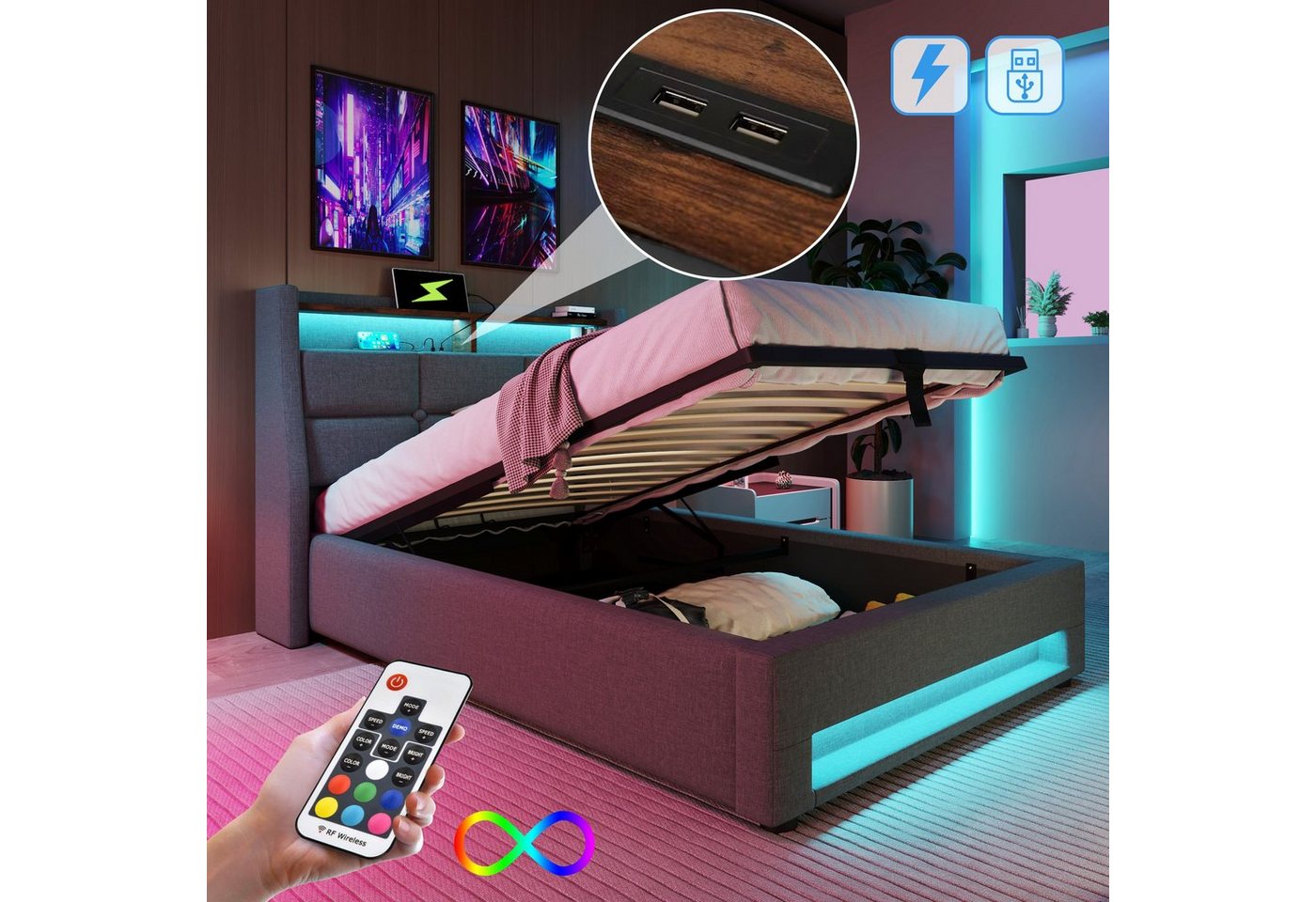 OKWISH Polsterbett Bett (LED Einzelbett mit Lattenrost aus Metallrahmen, Ju günstig online kaufen