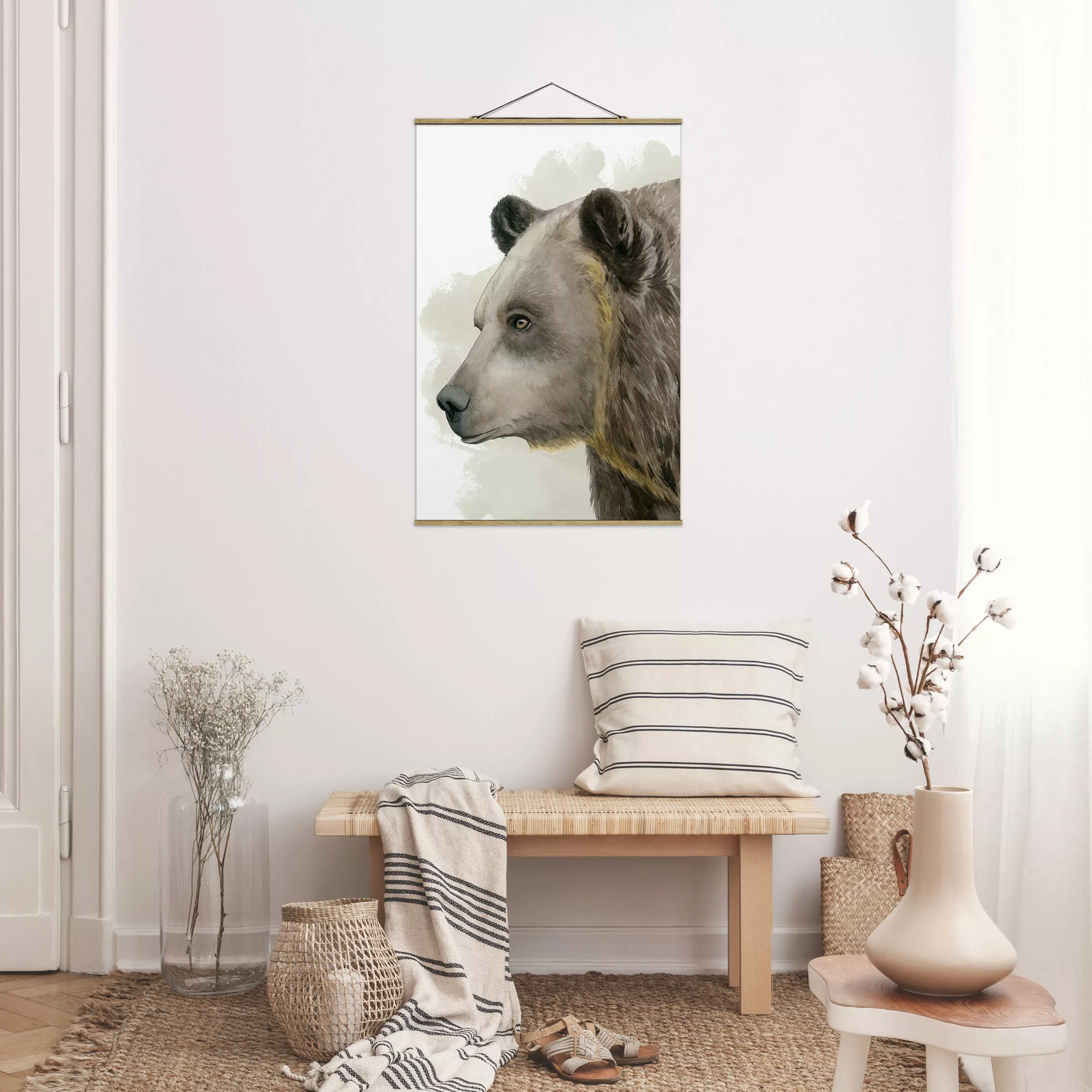 Stoffbild Tiere mit Posterleisten - Hochformat Waldfreunde - Bär günstig online kaufen