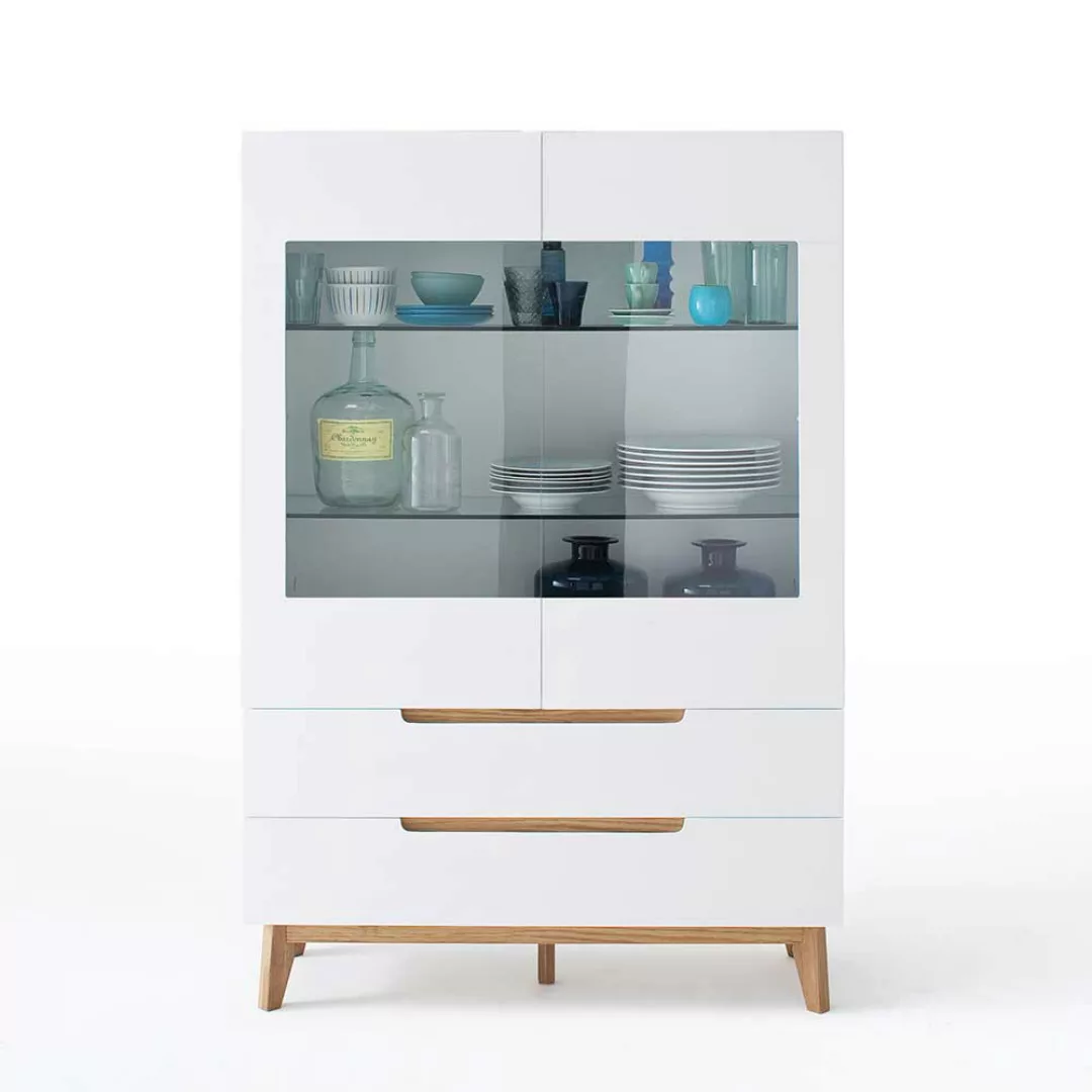 Esszimmer Highboard in Weiß Eiche massiv Glas günstig online kaufen