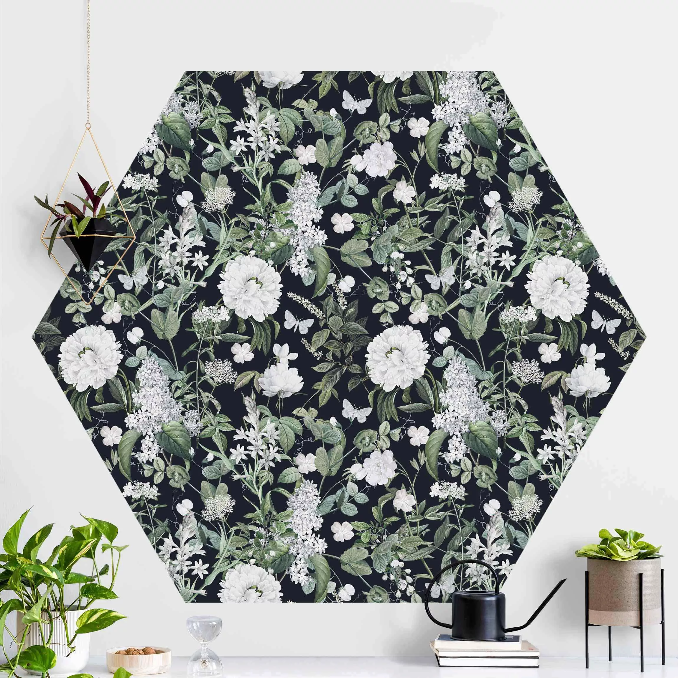 Hexagon Fototapete selbstklebend Weiße Blüten und Schmetterlinge auf Blau günstig online kaufen