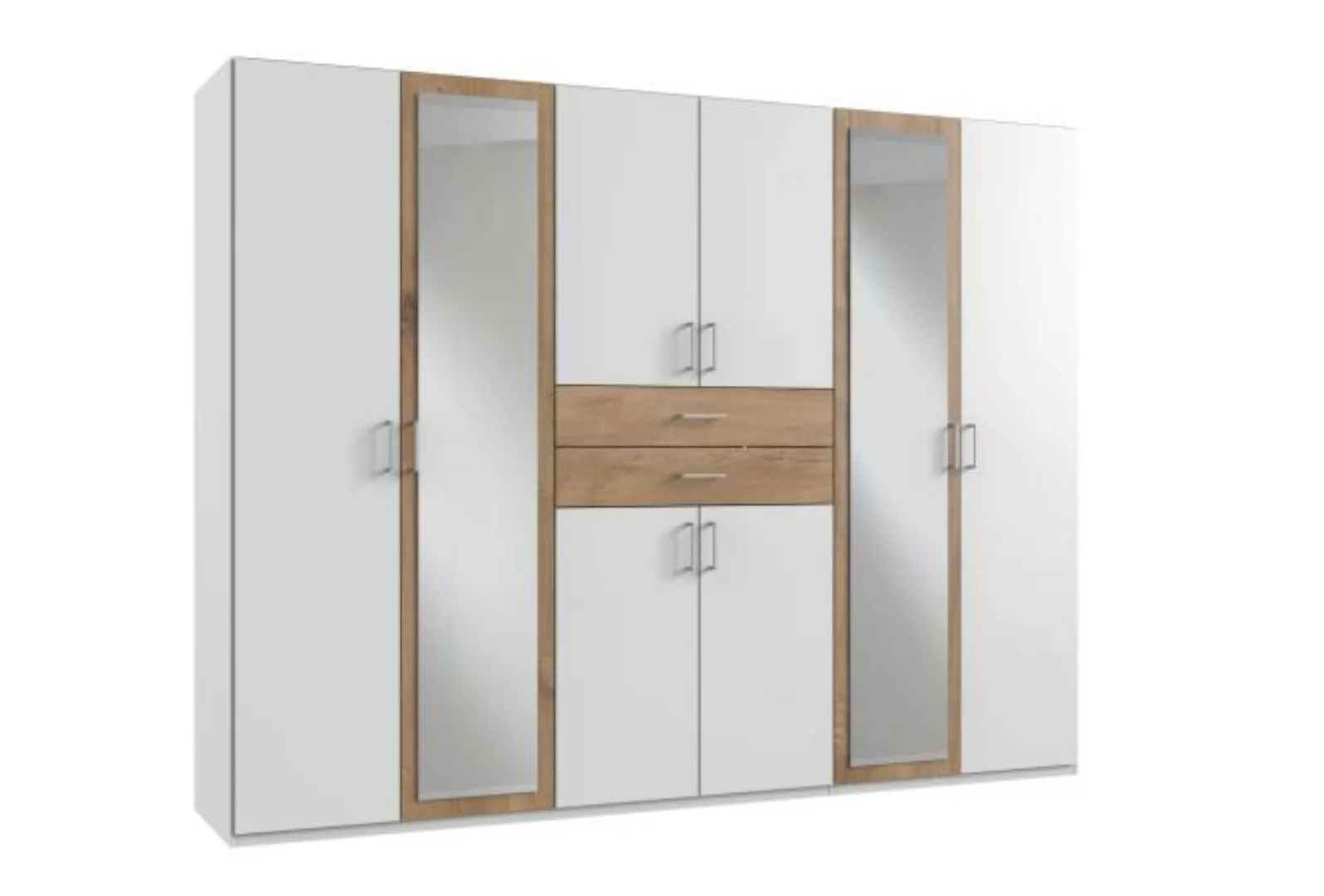 Kleiderschrank mit Spiegel und Schubladen 270 cm breit Weiß / Plankeneiche günstig online kaufen