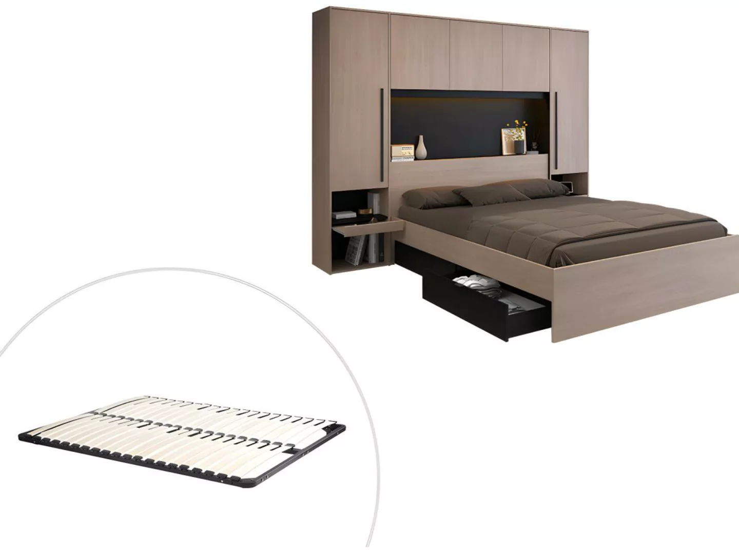 Bett mit Stauraum & LEDs + Lattenrost - 160 x 200 cm - Naturfarben & Schwar günstig online kaufen