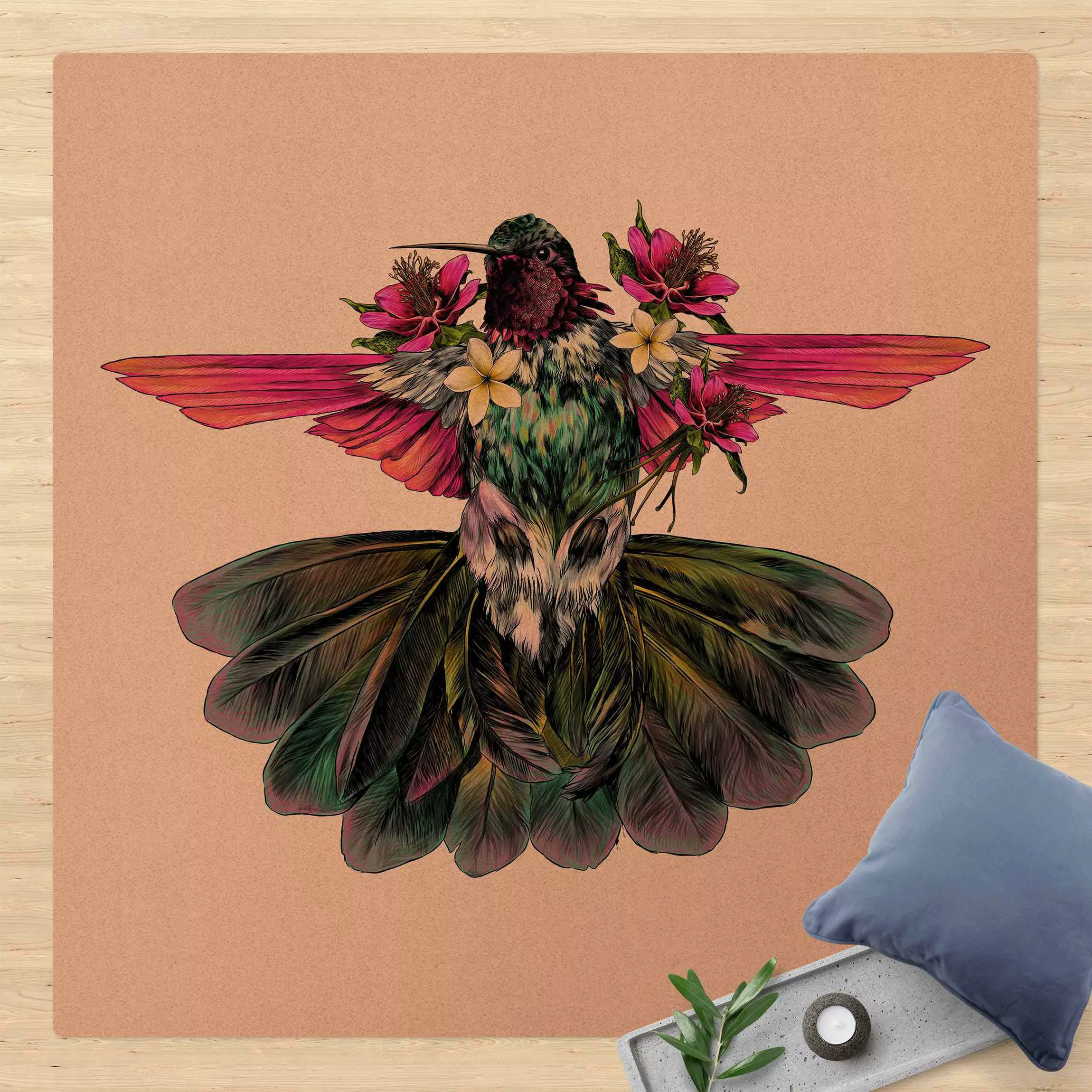 Kork-Teppich Illustration floraler Kolibri günstig online kaufen