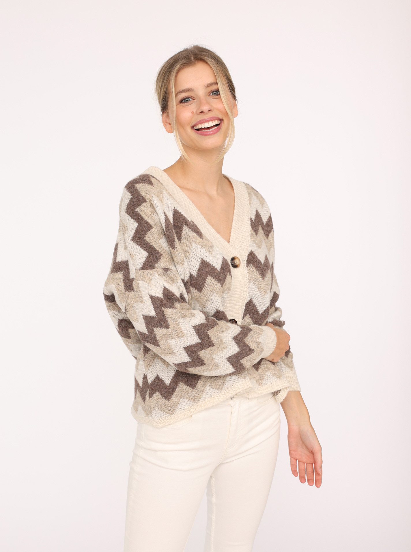 Zwillingsherz Strickjacke Langarm, Zick-Zack-Muster, Knopfleiste, tiefer günstig online kaufen
