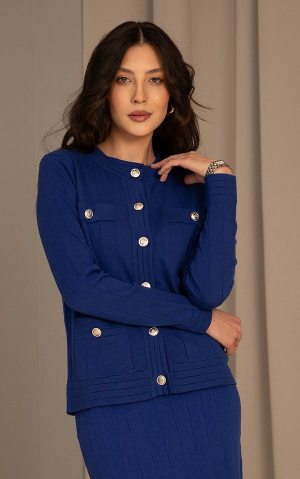 Passioni Strickjacke in Royal Blau mit goldenen Knopfdetails und Vordertasc günstig online kaufen