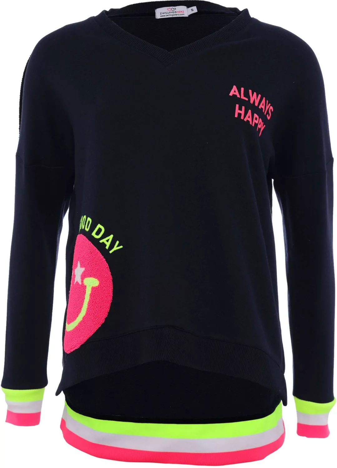 Zwillingsherz Sweatshirt Mit V-Ausschnitt und Smiley-Aufdruck aus Frottee s günstig online kaufen