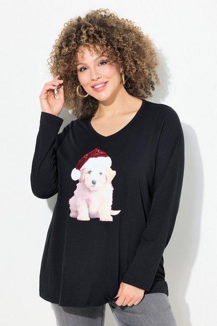 Ulla Popken Longsleeve Weihnachtsshirt Welpe A-Linie V-Ausschnitt Langarm günstig online kaufen