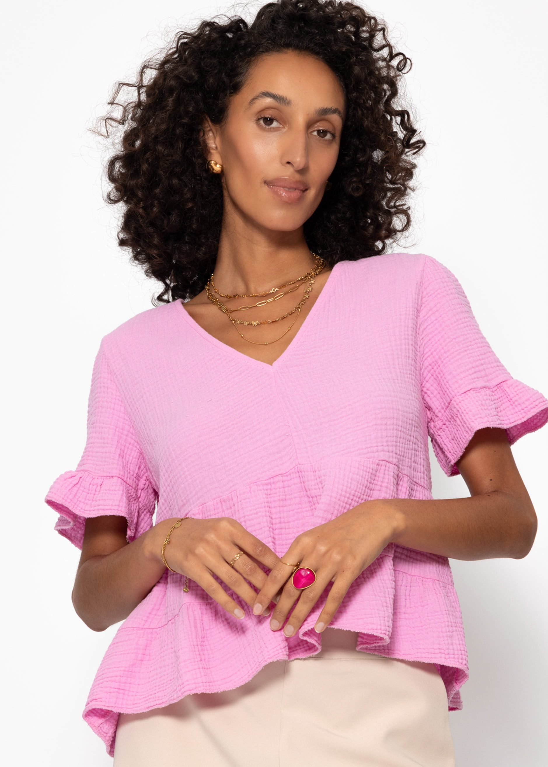 SASSYCLASSY Kurzarmbluse Luftiges Musselin Shirt Damen günstig online kaufen