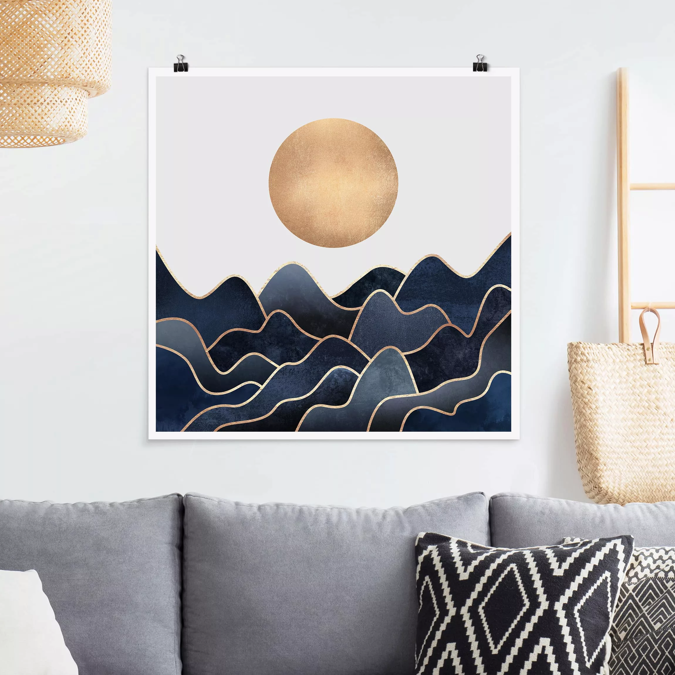 Poster Abstrakt - Quadrat Goldene Sonne blaue Wellen günstig online kaufen