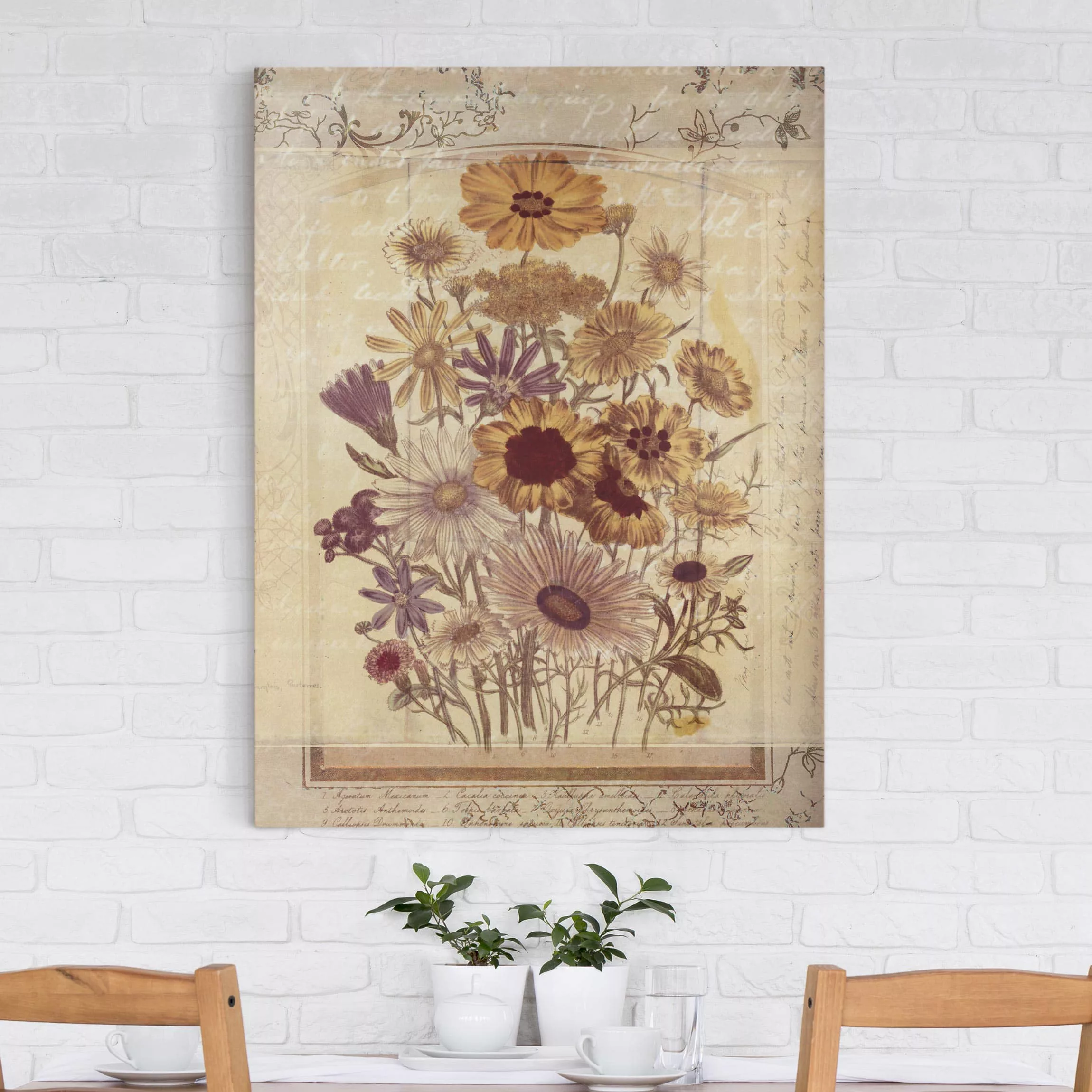 Leinwandbild Blumen - Hochformat Vintage Harmonie Handschrift günstig online kaufen