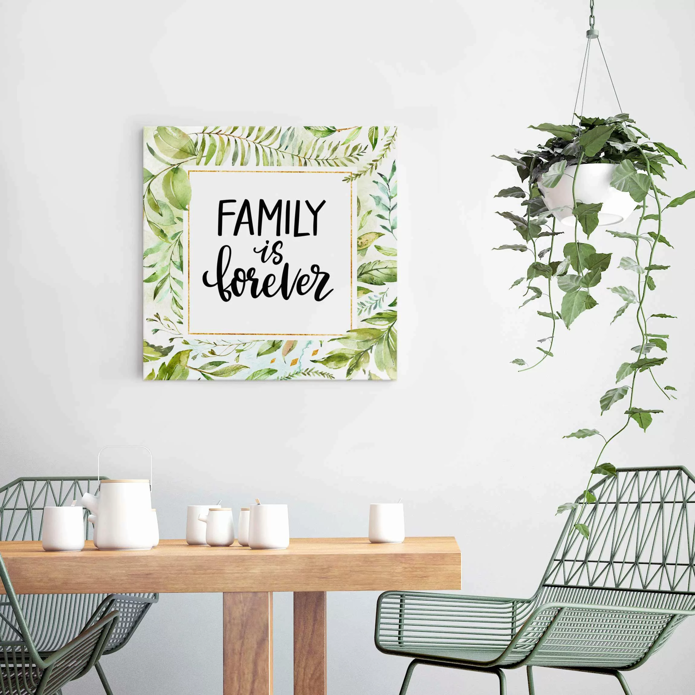 Glasbild Family is forever in goldenem Rahmen mit Palmenwedeln günstig online kaufen