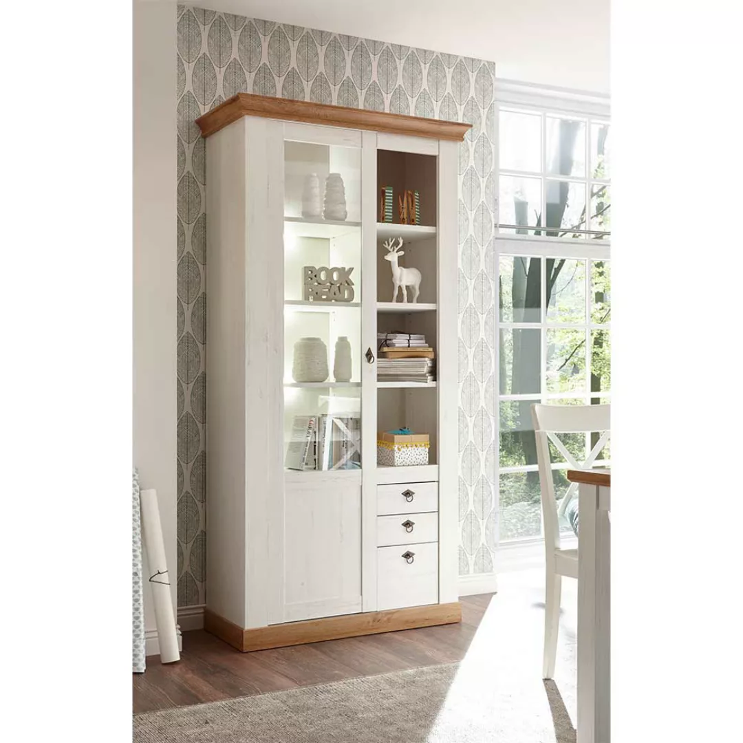 Wohnzimmer Schrankwand in Weiß und Wildeichefarben Landhausstil (vierteilig günstig online kaufen