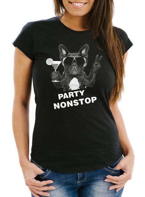 Neverless Print-Shirt Damen T-Shirt Party Nonstop Mops French Bulldog Slim günstig online kaufen