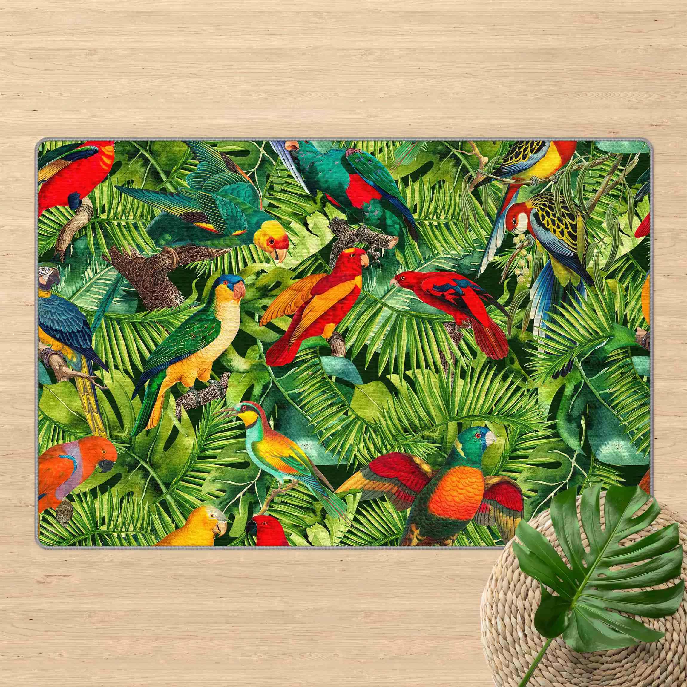 Teppich Bunte Collage - Papageien im Dschungel günstig online kaufen