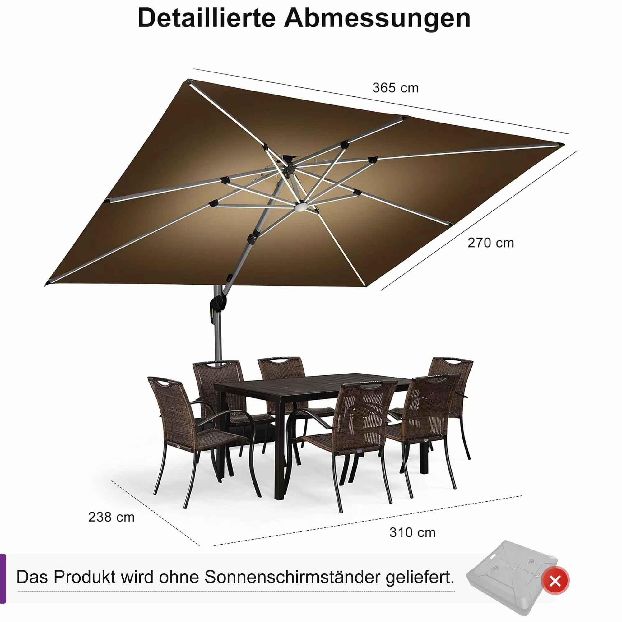 PURPLE LEAF Ampelschirm Rechteckig Außenbereich Alu günstig online kaufen