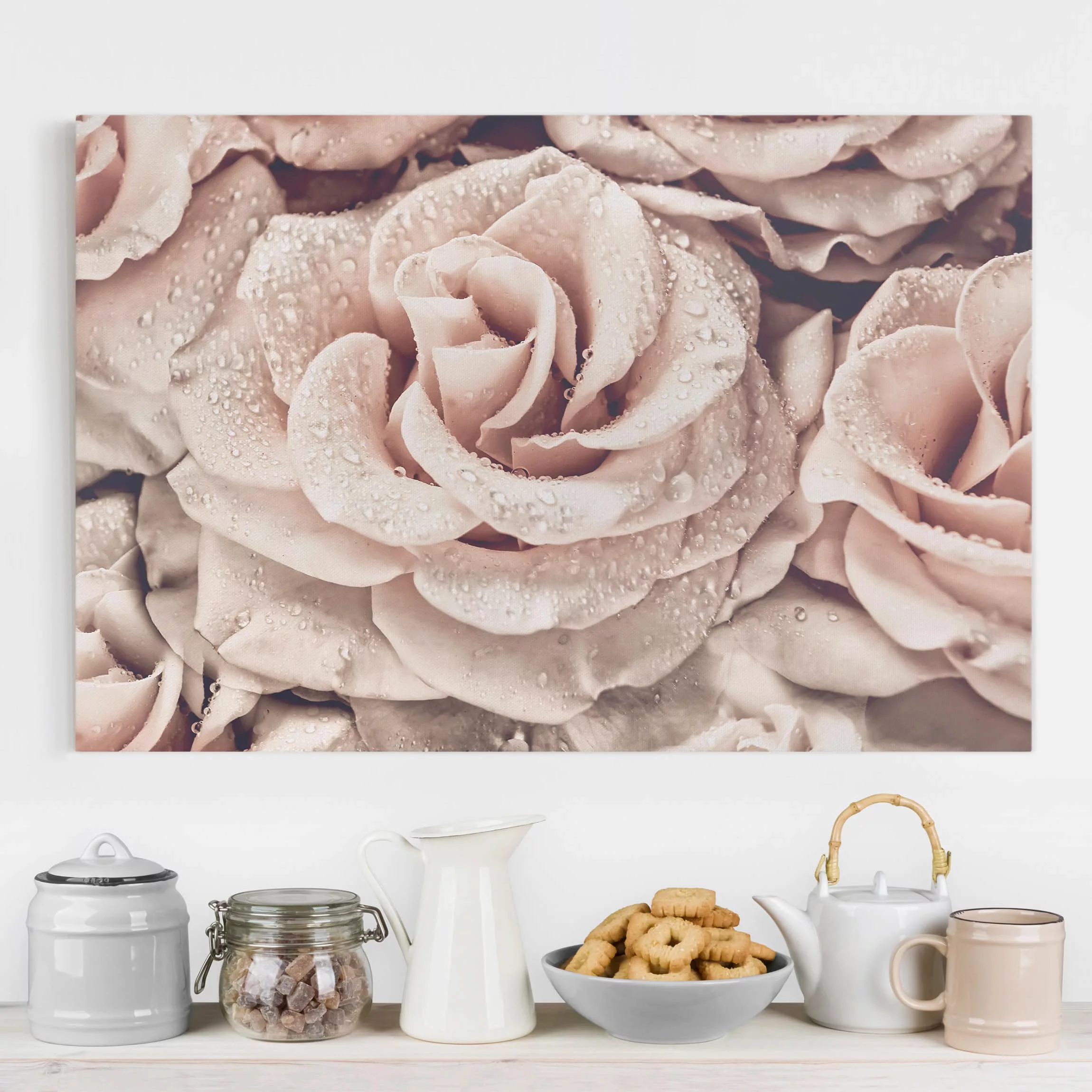 Leinwandbild Blumen - Querformat Rosen Sepia mit Wassertropfen günstig online kaufen