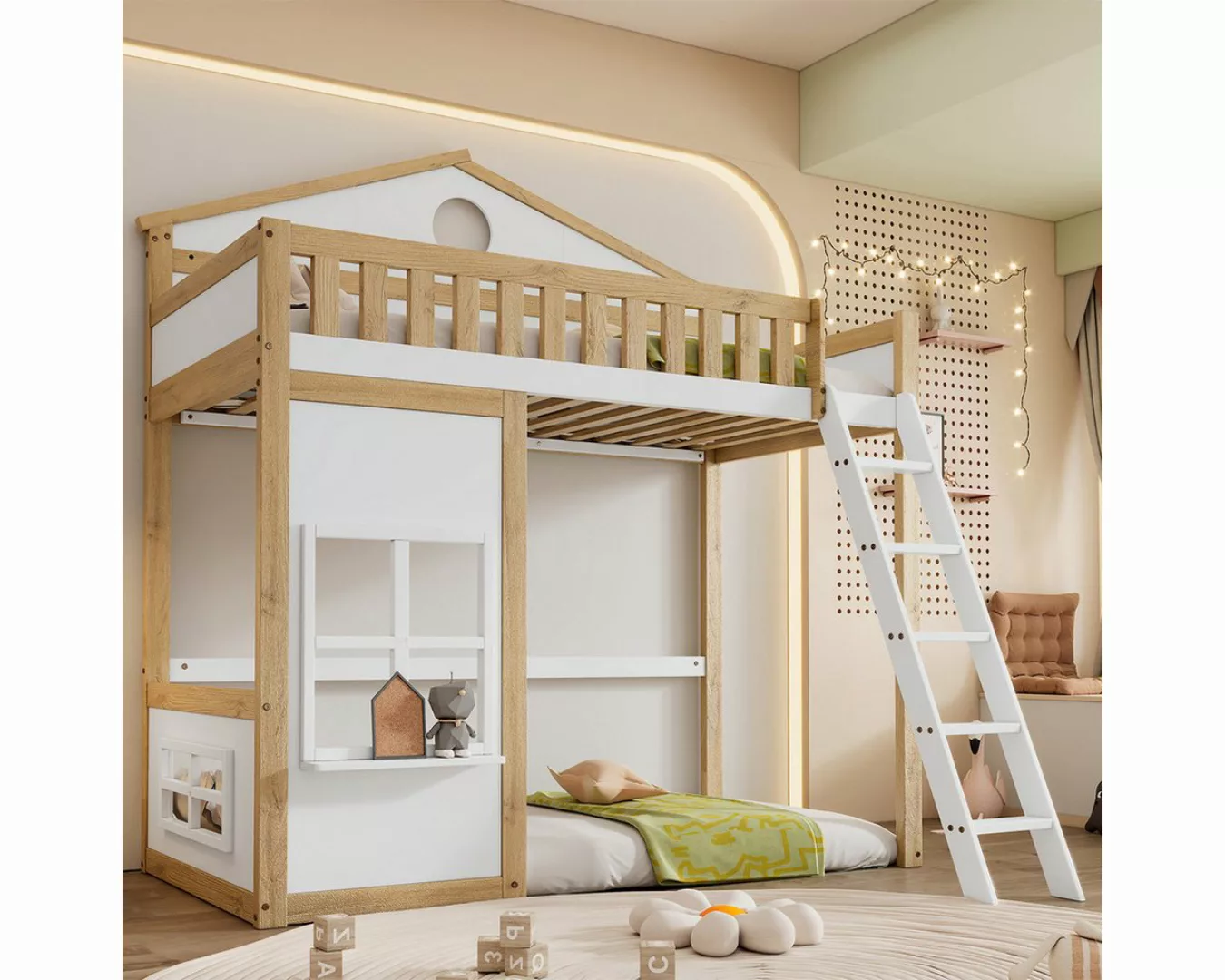 XDeer Kinderbett Etagenbett mit Treppe Fallschutz Gitter Dach und Fenster, günstig online kaufen