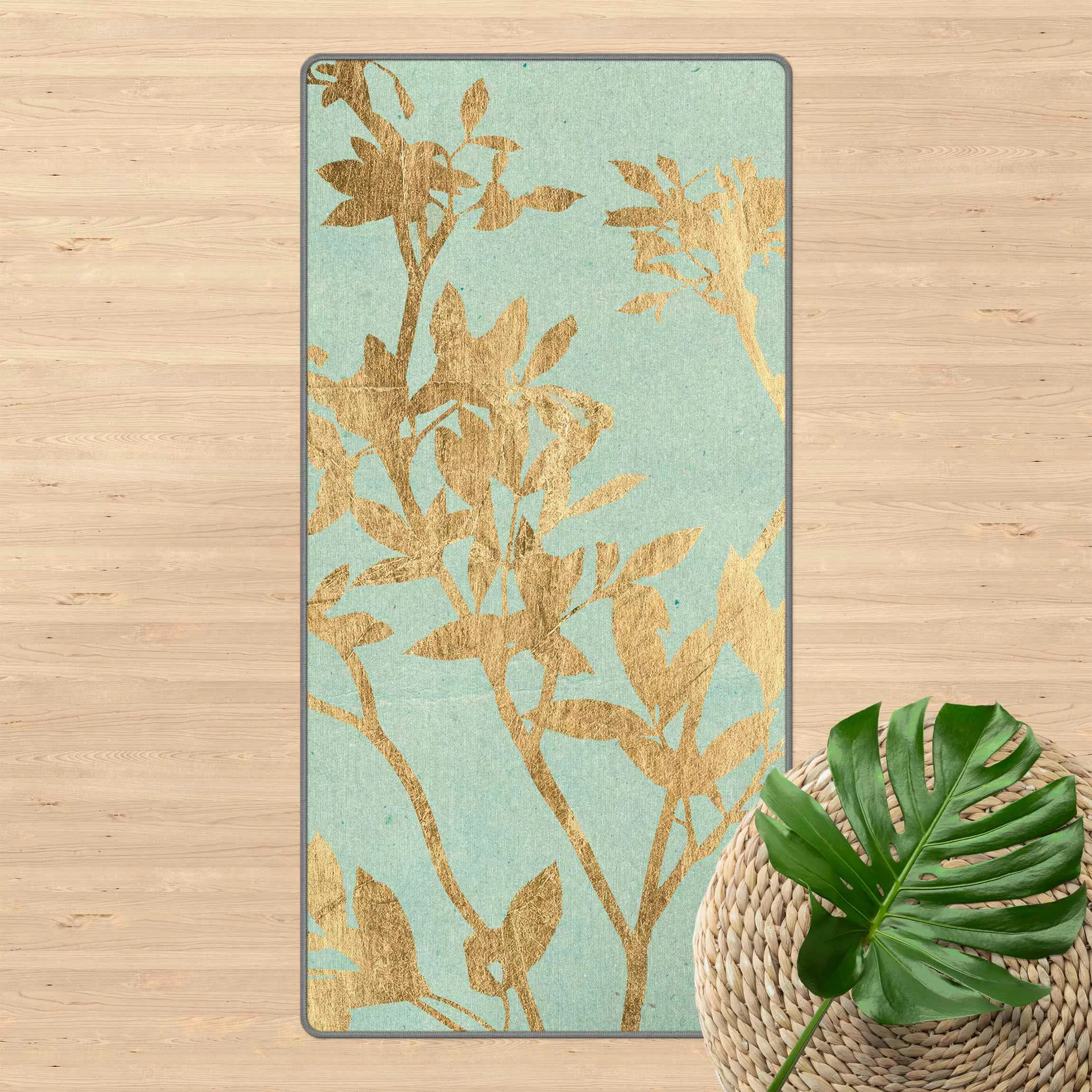 Teppich Goldene Blätter auf Turquoise II günstig online kaufen