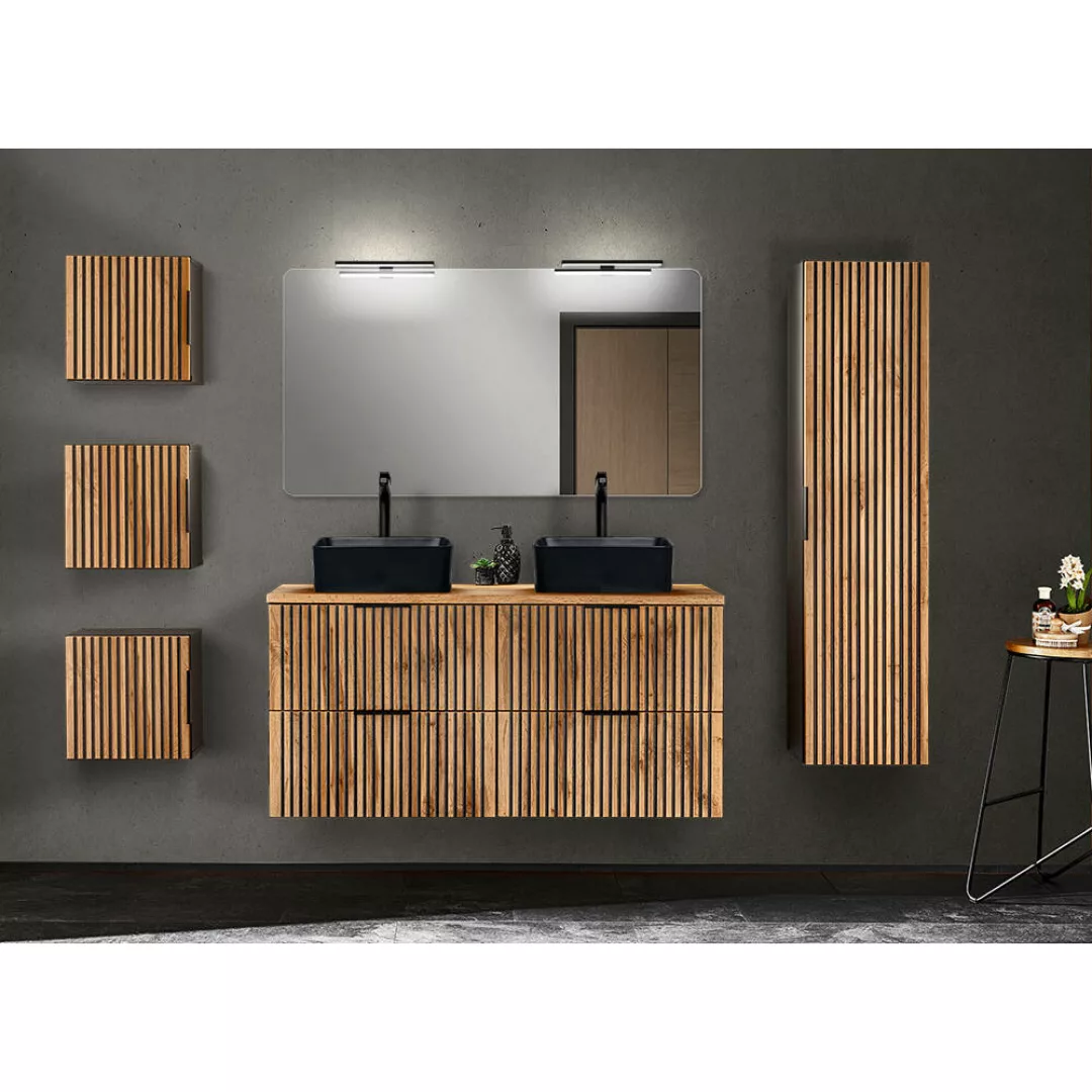 Badezimmer Komplett Set mit Doppelwaschtisch 121 cm Rillenfronten XANTEN-56 günstig online kaufen
