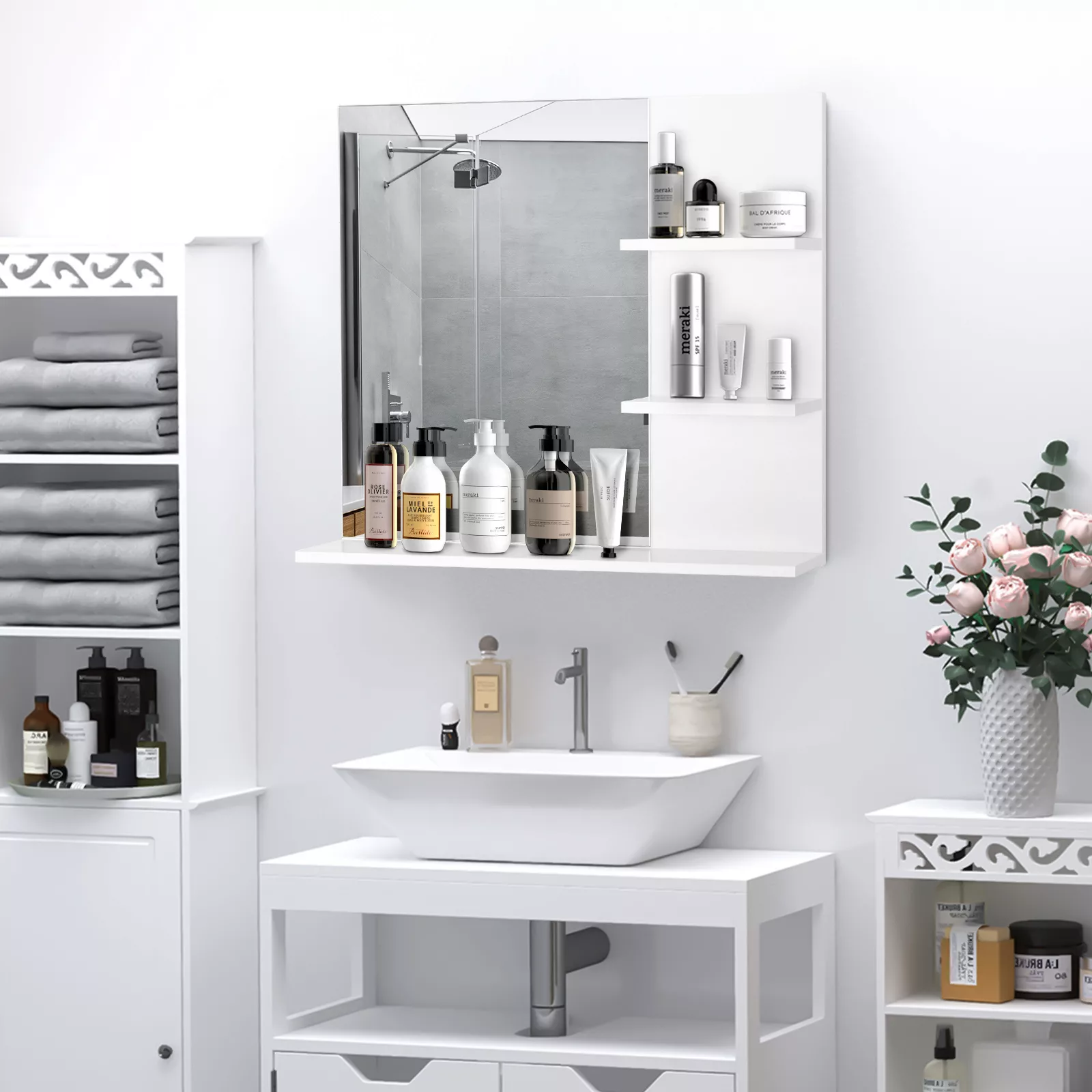 kleankin Badspiegel  Wandspiegel mit 3 Ablagen, Spiegelregal für Badezimmer günstig online kaufen