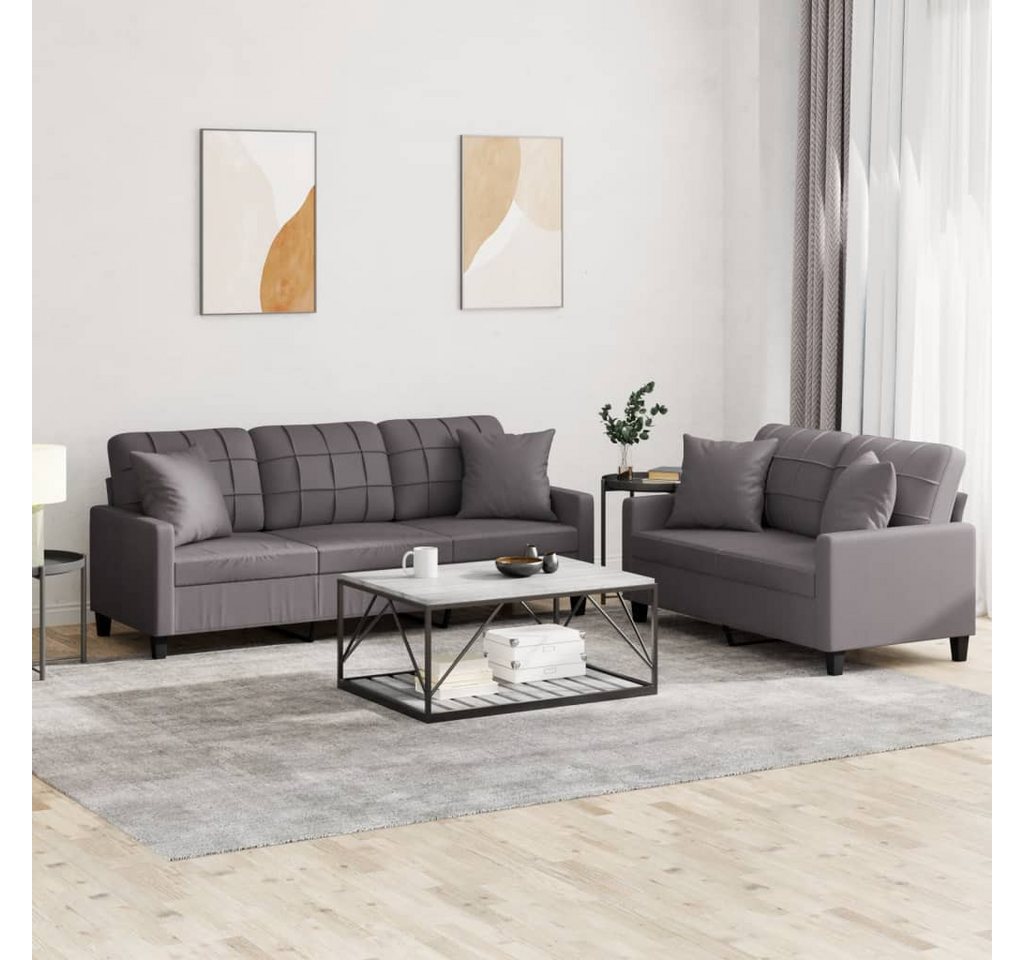 vidaXL Sofa Sofagarnitur mit Kissen Kunstleder, Standard, Grau günstig online kaufen