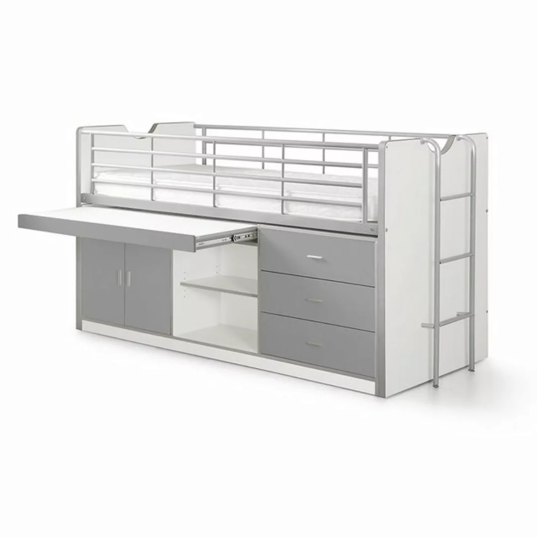 Lomadox Hochbett 90x200cm, mit ausziehbarem Schreibtisch und Stauram, weiß/ günstig online kaufen