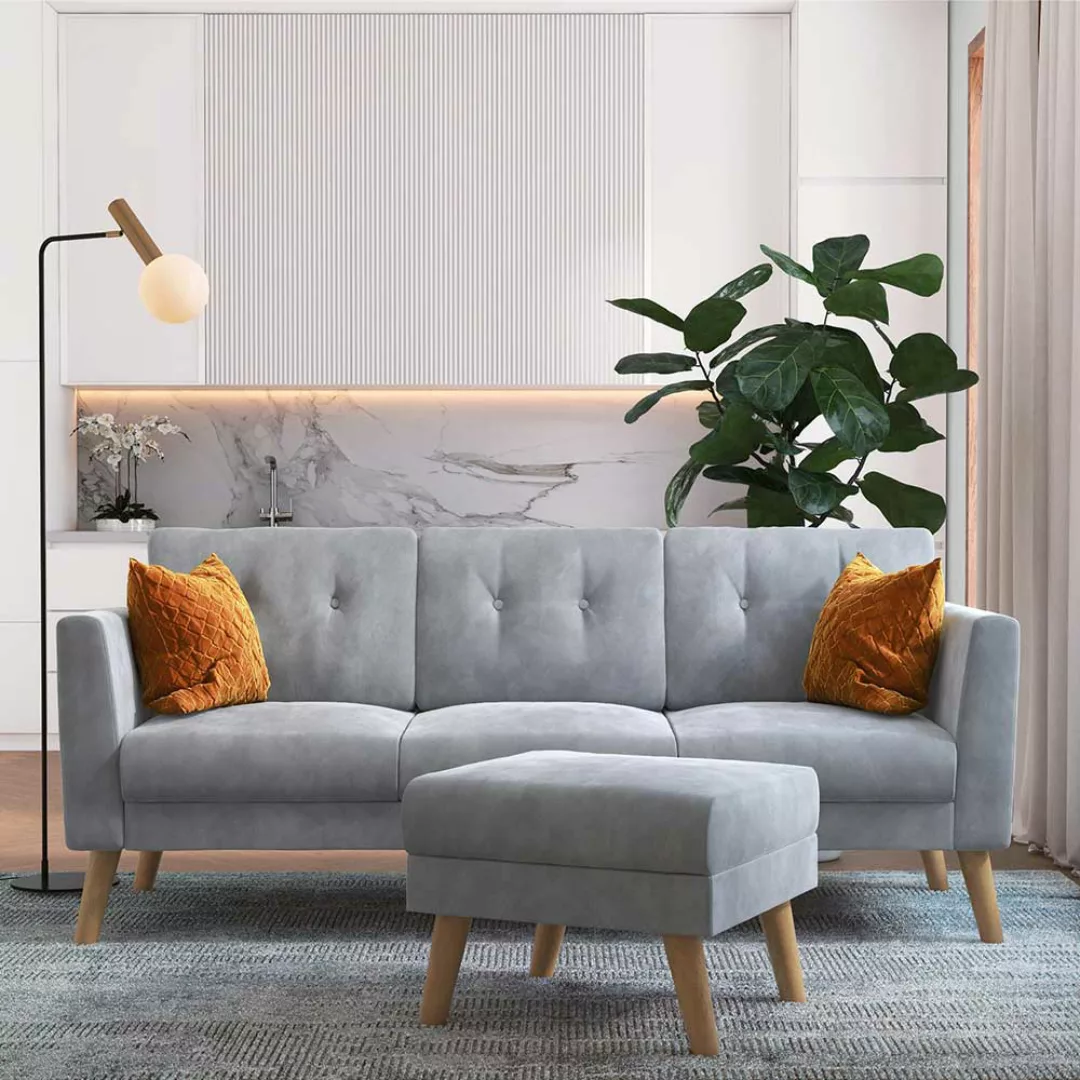 Dreisitzer Couch mit Beistellhocker in Hellgrau Armlehnen (zweiteilig) günstig online kaufen