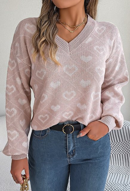 CHENIN Langarmhemd Damen Sweet Clashing Heart Pullover mit Laternenärmeln B günstig online kaufen