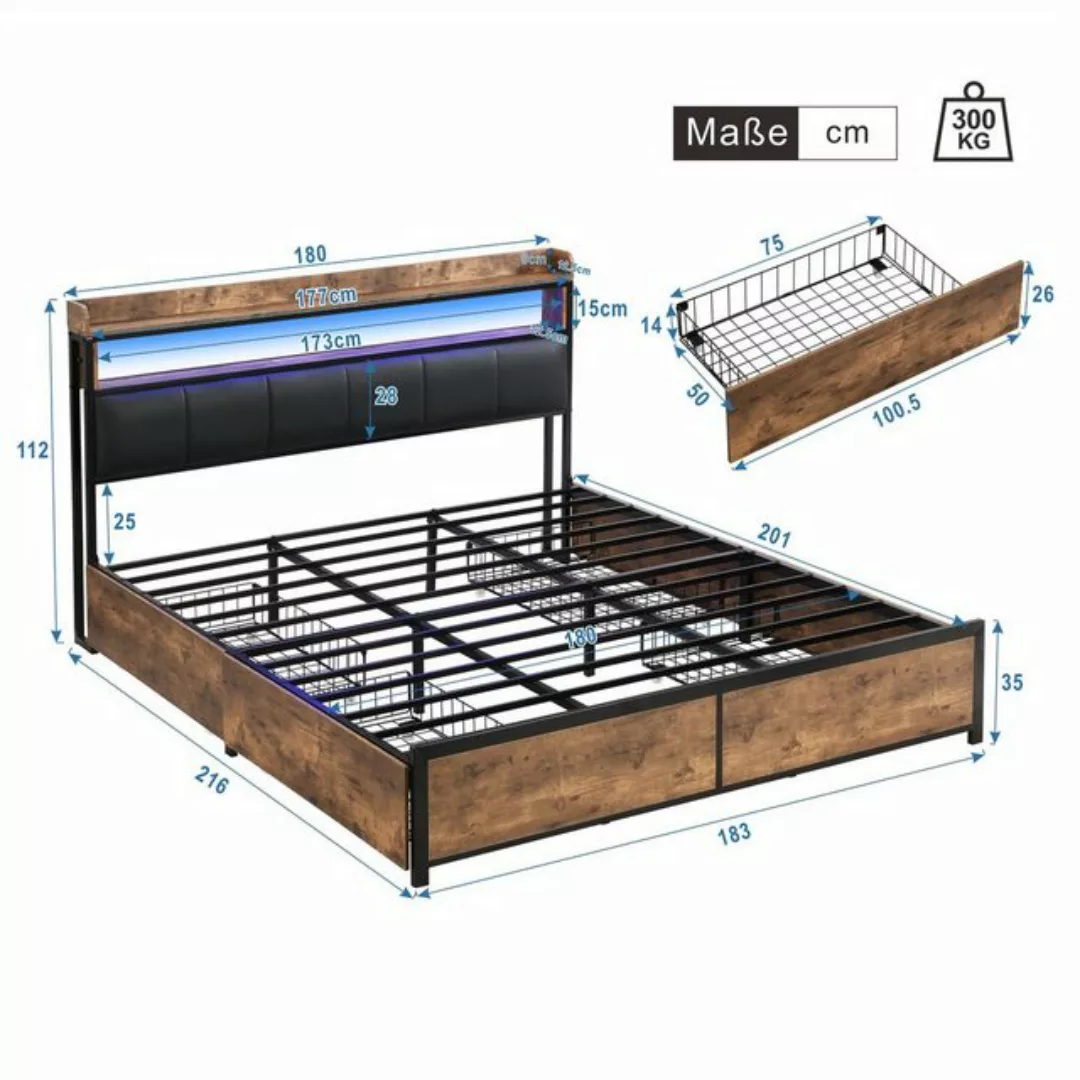 HAUSS SPLOE Polsterbett 180x200 mit LED-Bett, Kopfteil 4 Schubladen PU, mit günstig online kaufen