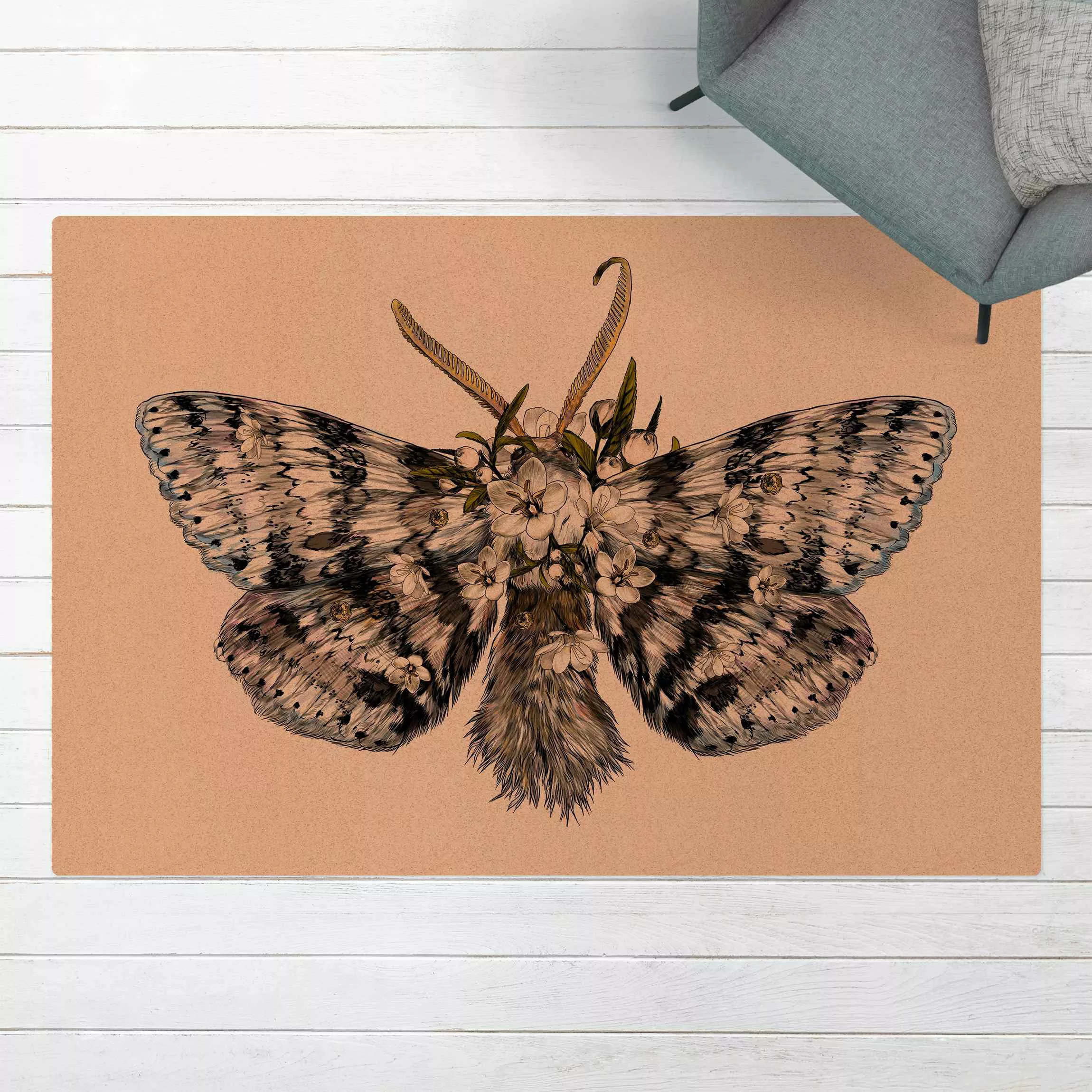 Kork-Teppich Illustration florale Motte günstig online kaufen