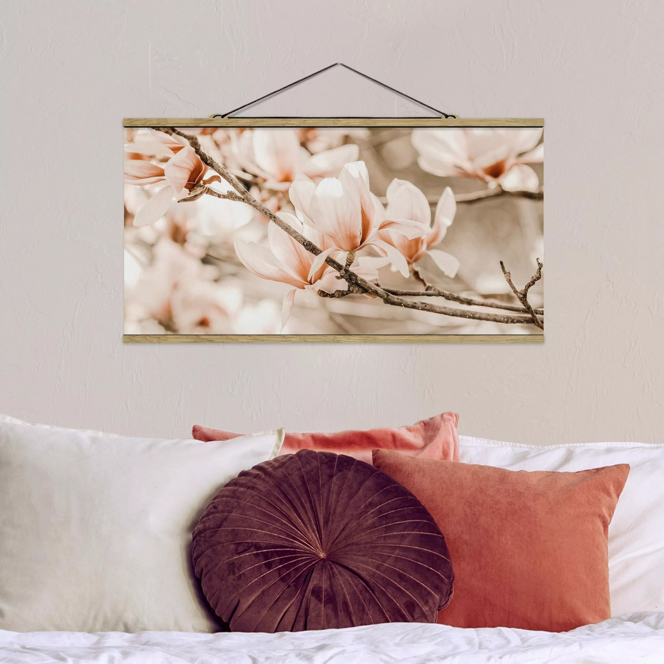 Stoffbild mit Posterleisten Magnolienzweige im Vintagestil günstig online kaufen