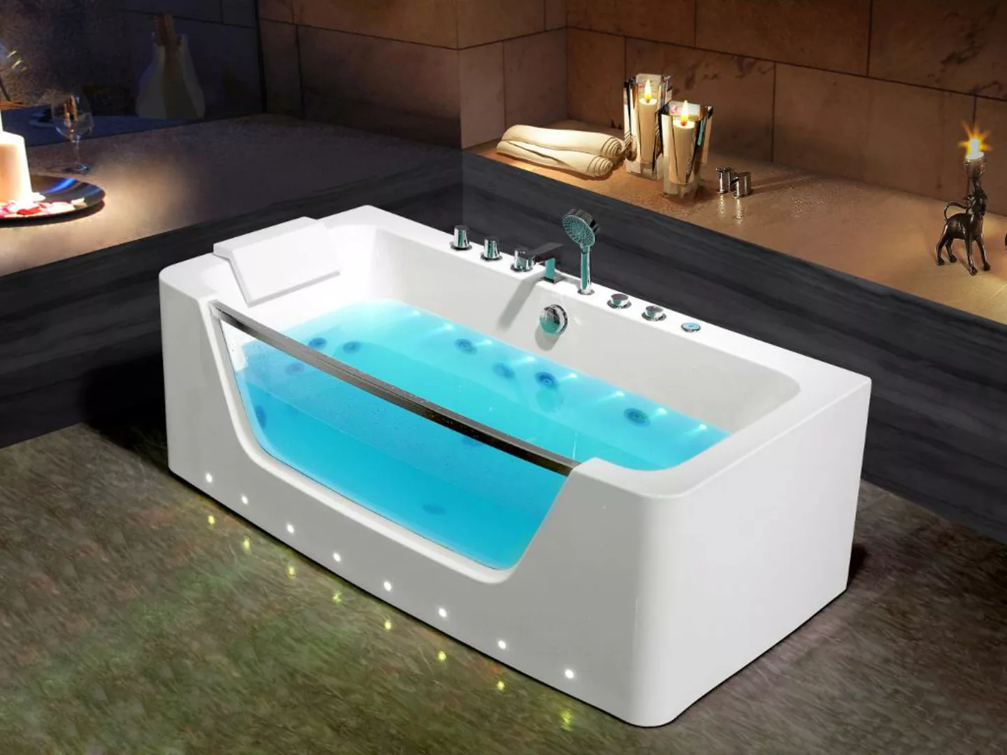 Whirlpool-Badewanne halb freistehend mit LED-Beleuchtung - Weiß - DYONA günstig online kaufen