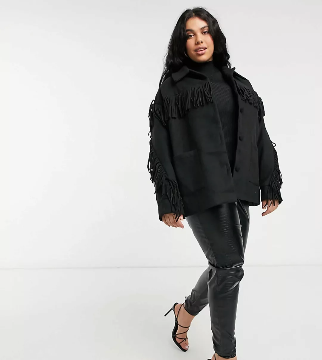 In The Style Plus x Megan McKenna – Jacke mit Fransen in Schwarz günstig online kaufen
