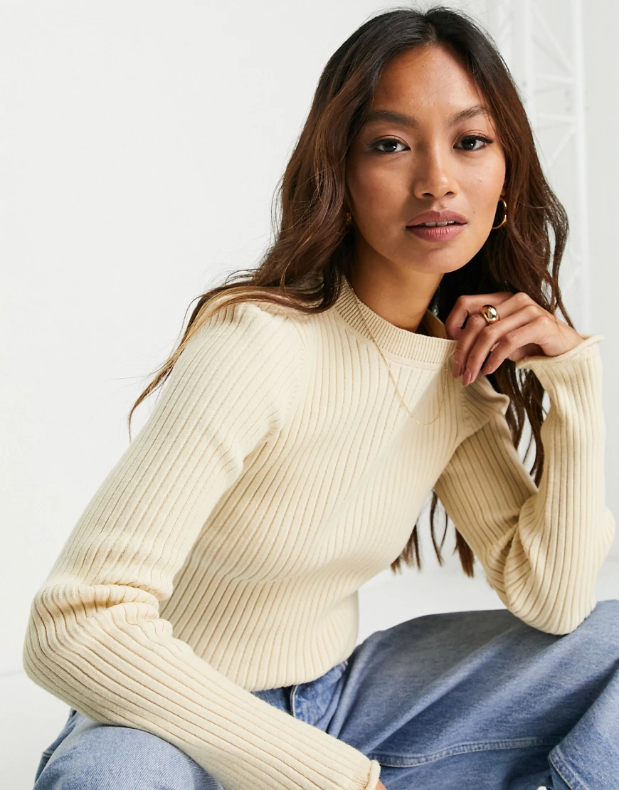 ASOS DESIGN – Pullover in Beige mit Rundhalsausschnitt und gerippten Kontra günstig online kaufen