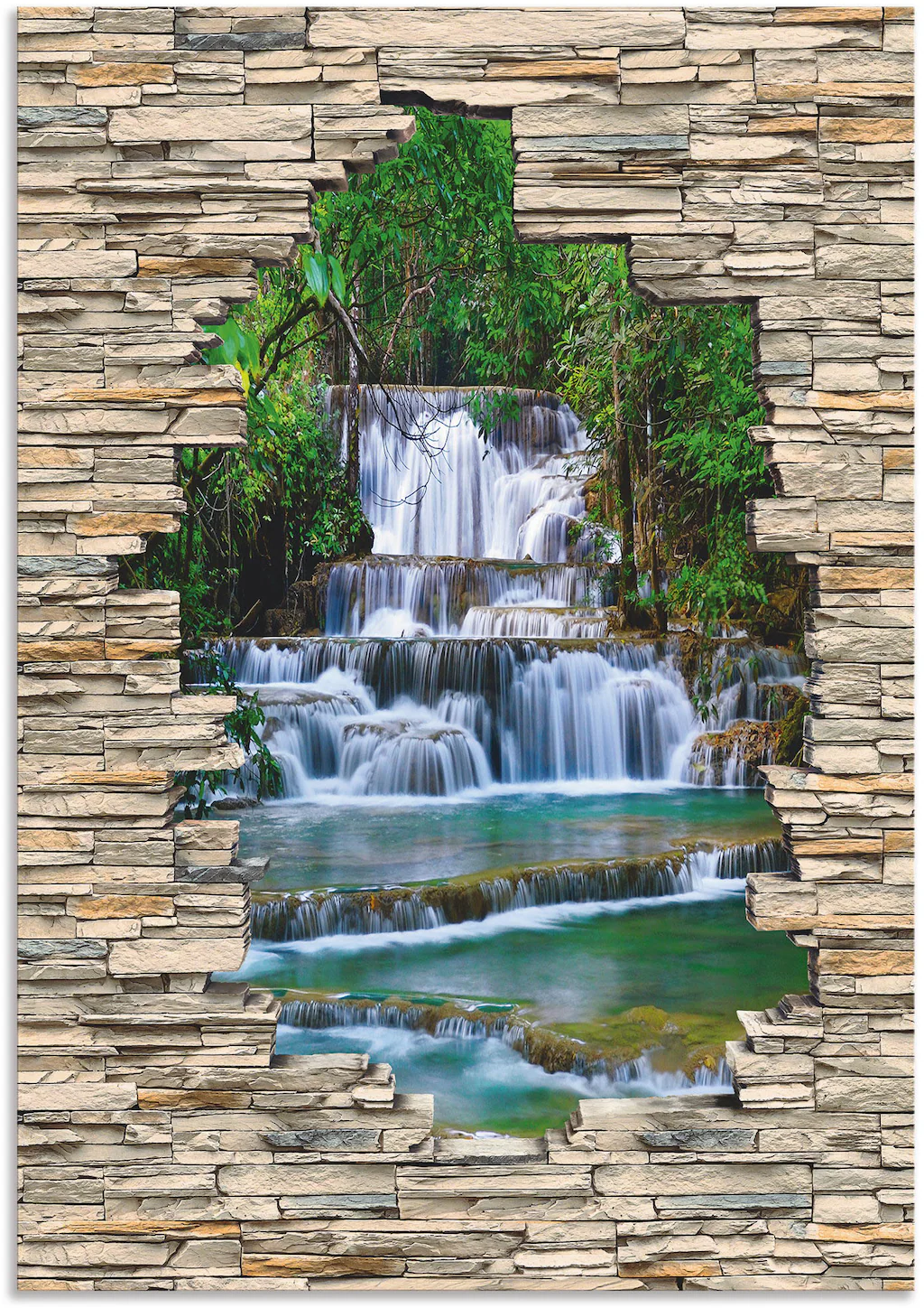 Artland Wandbild "Tiefen Wald Wasserfall Stein Mauer Blick", Wasserfallbild günstig online kaufen