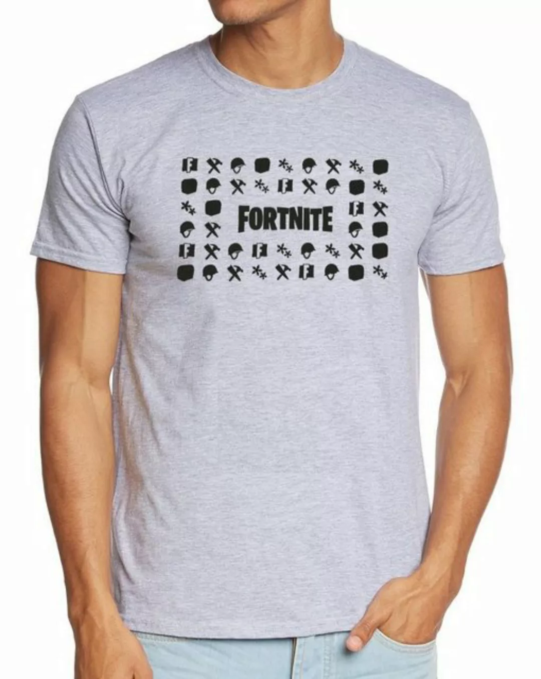 Fortnite Print-Shirt Fortnite T-Shirt hellgrau meliert Erwachsene + Jugendl günstig online kaufen