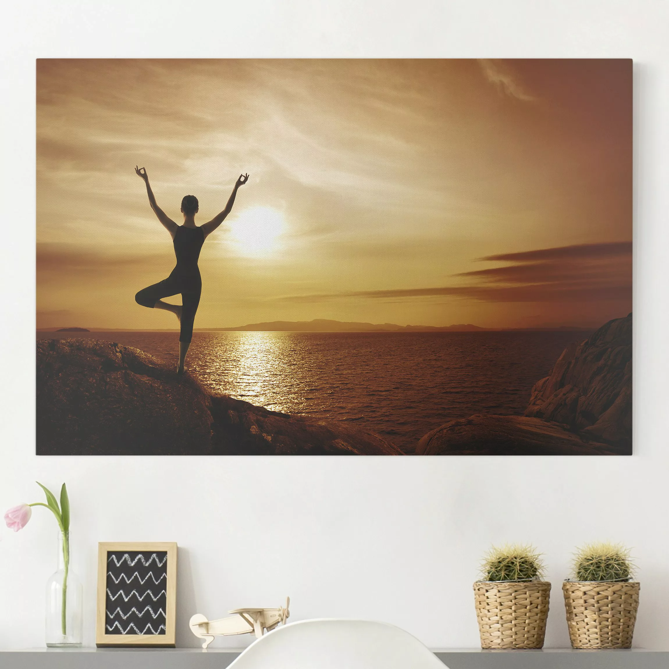 Leinwandbild Sonnenuntergang - Querformat Yoga günstig online kaufen