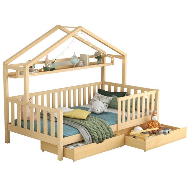 SeedWave Hausbett Kinderbett aus Massivholz, Bodenbett mit 2 Schublade 90x2 günstig online kaufen