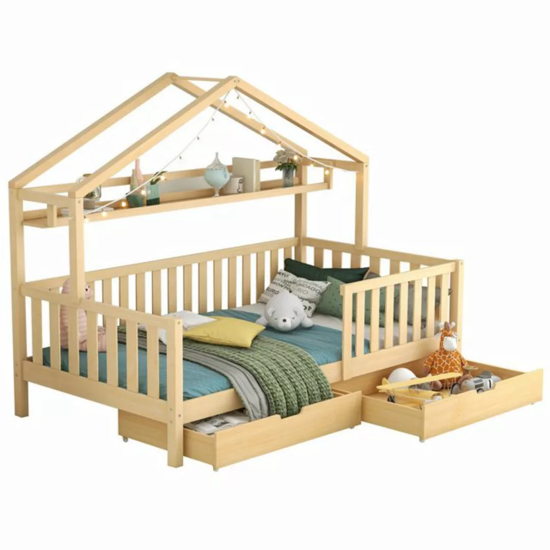 SeedWave Hausbett Kinderbett aus Massivholz, Bodenbett mit 2 Schublade 90x2 günstig online kaufen