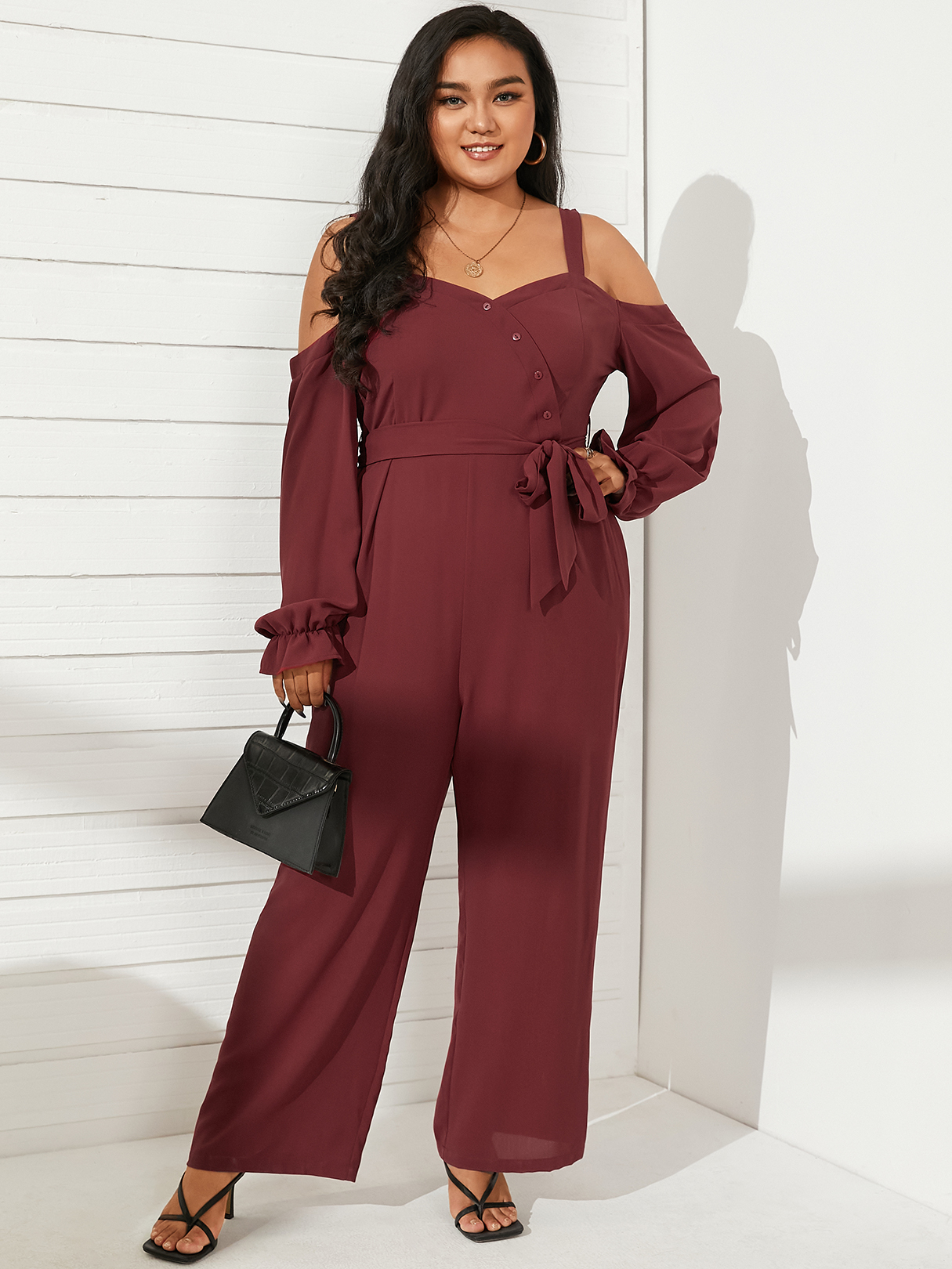 YOINS Plus Größe Cold Shoulder Gürtel Design lange Ärmel Jumpsuit günstig online kaufen