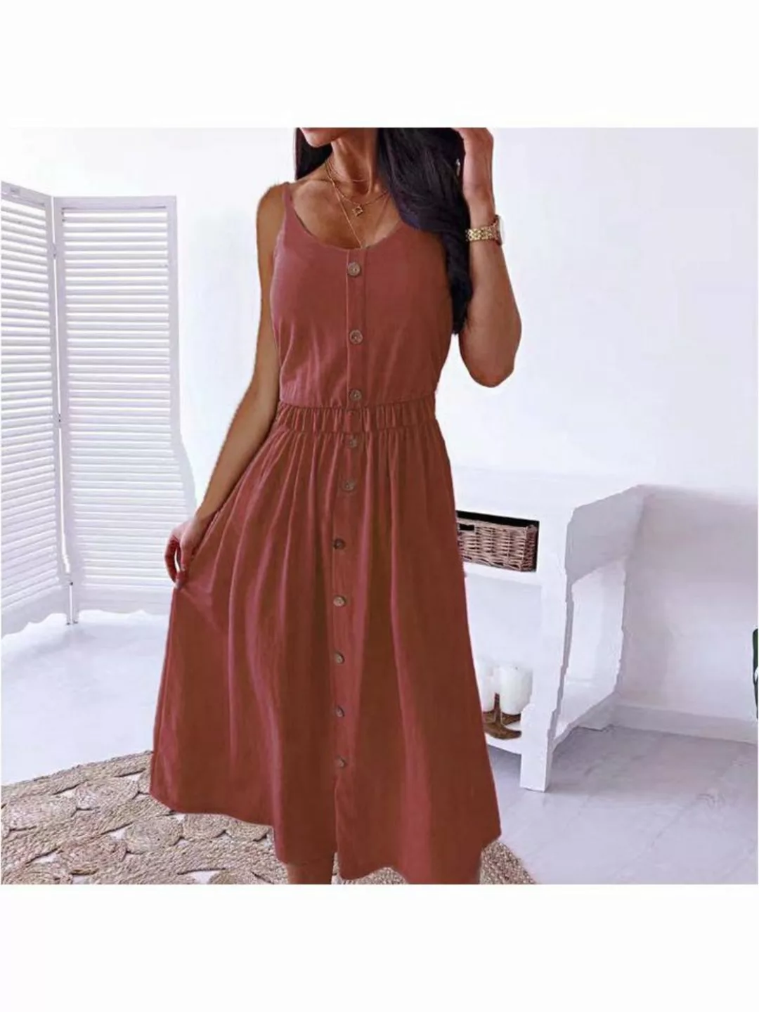 KIKI A-Linien-Kleid Sommerkleid Damen Einfarbig Midikleid Spaghettikleid Tu günstig online kaufen