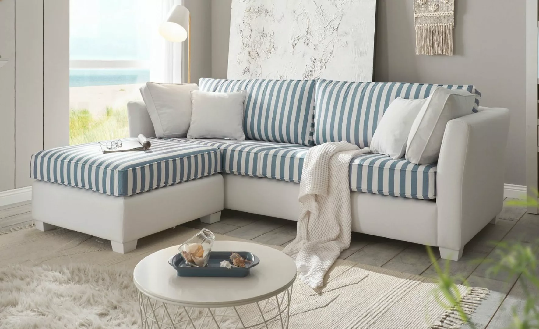 Furn.Design Sofa Hooge, 3-Sitzer in cremeweiß mit blau Landhaus, mit Bonell günstig online kaufen