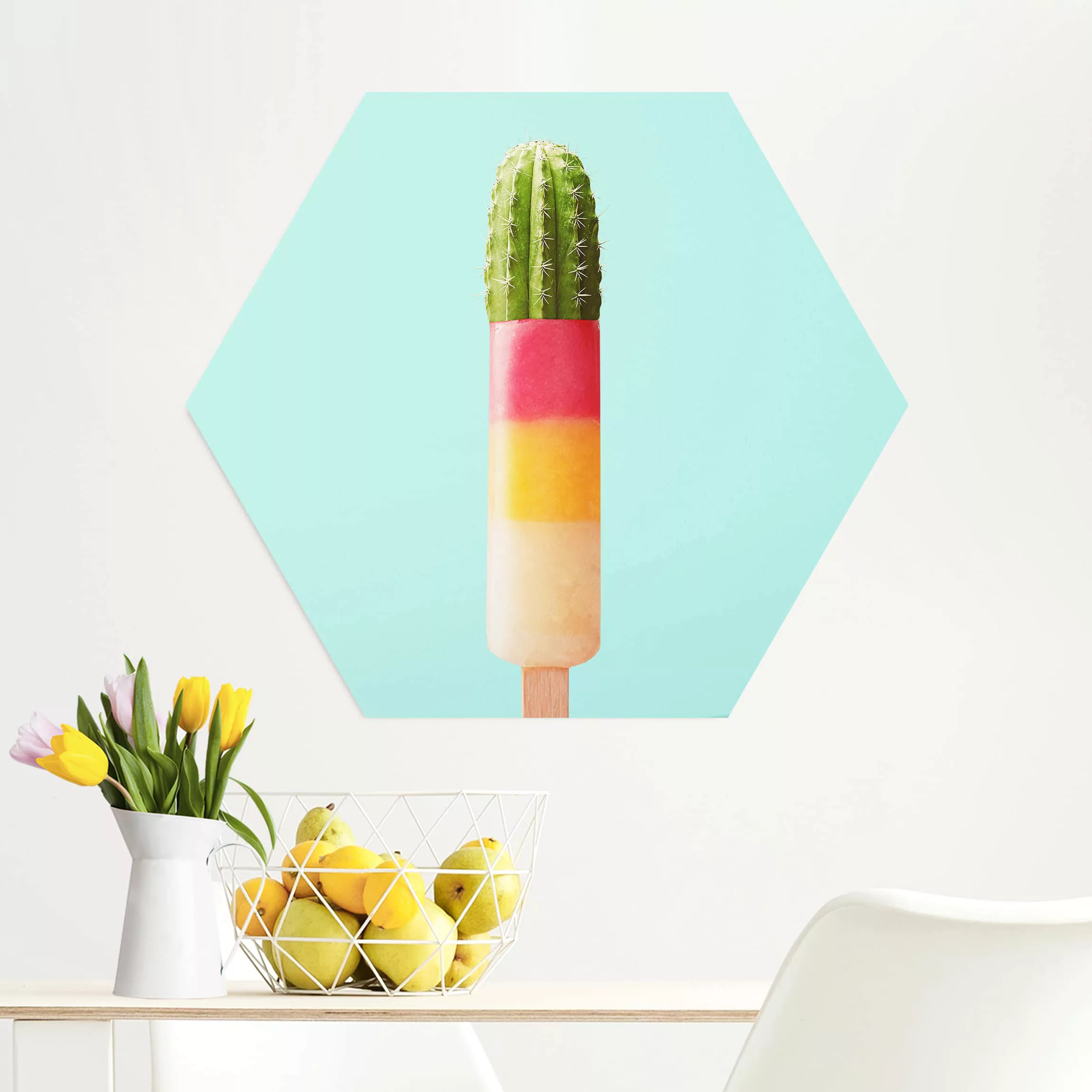Hexagon-Alu-Dibond Bild Küche Eis mit Kaktus günstig online kaufen
