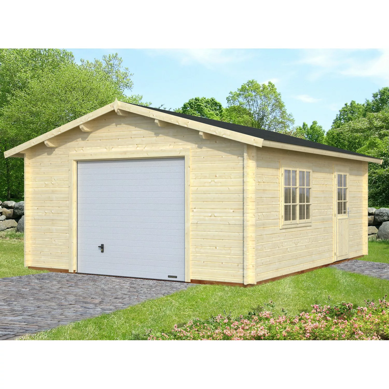 Palmako Holzgarage Roger mit Sektionaltor Natur 450 cm x 550 cm günstig online kaufen