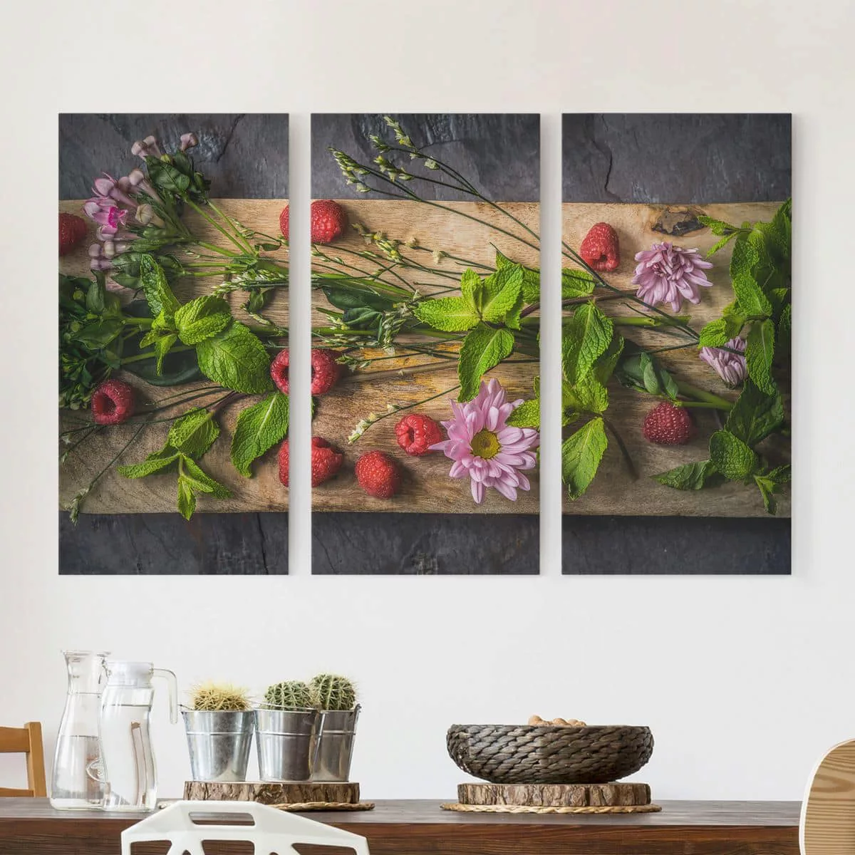 3-teiliges Leinwandbild Küche - Querformat Blumen Himbeeren Minze günstig online kaufen