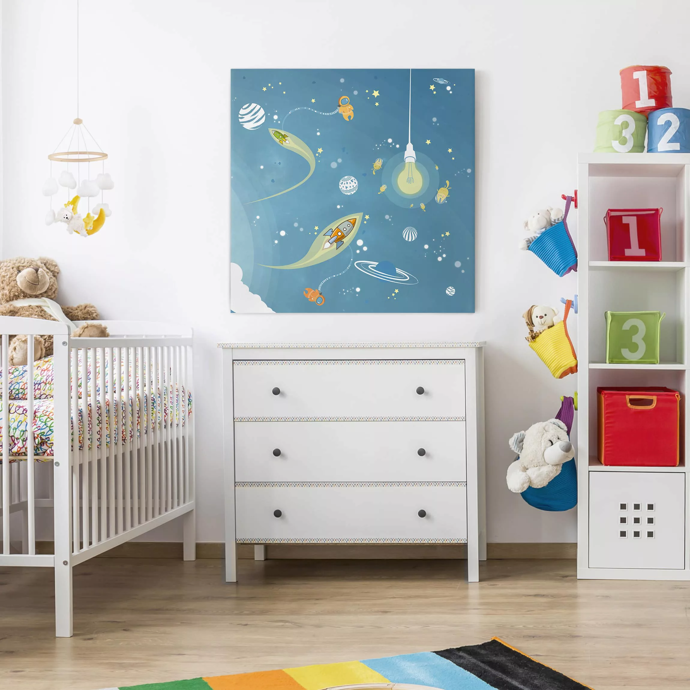 Leinwandbild Kinderzimmer - Quadrat Buntes Weltraumtreiben günstig online kaufen