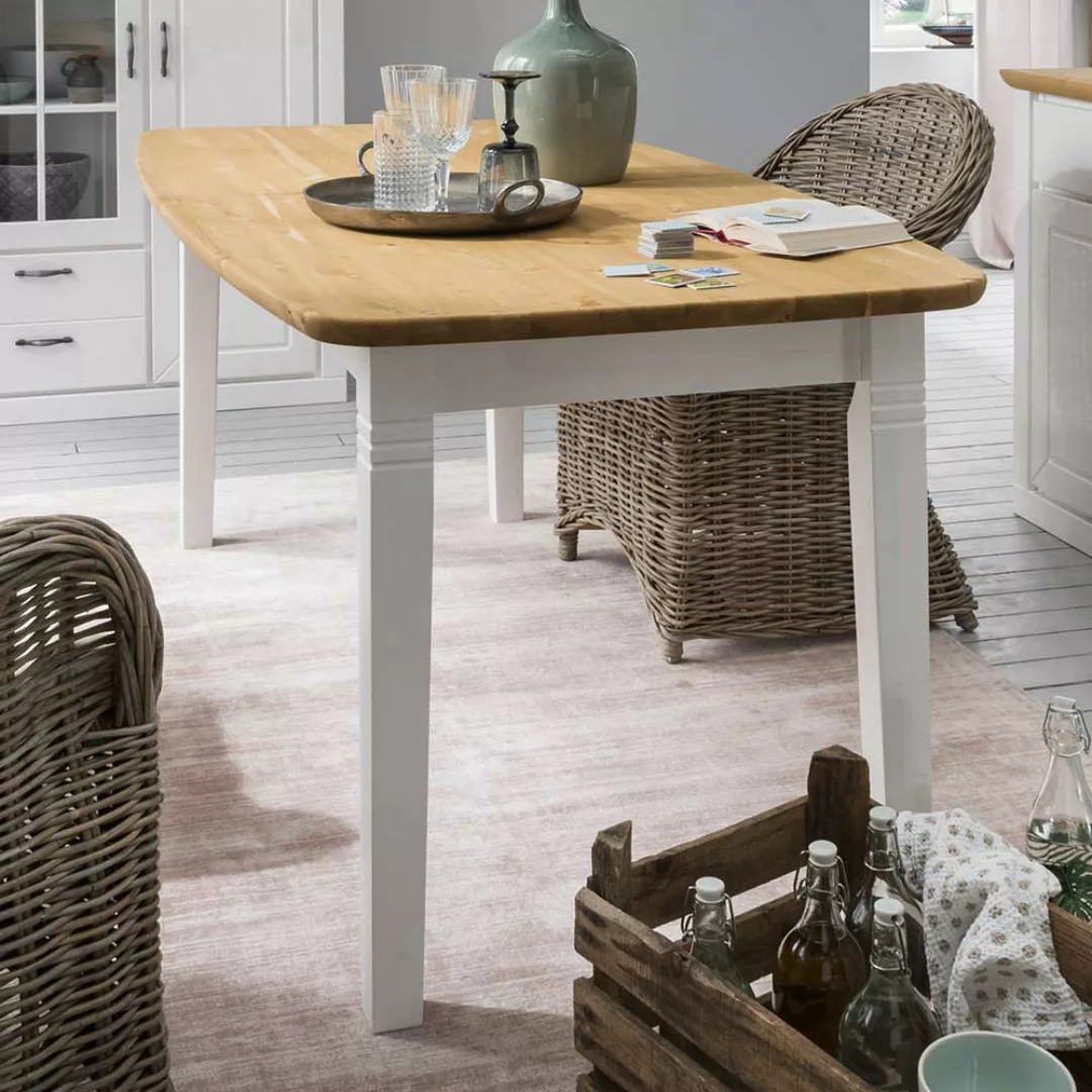 Küchen Tisch in Weiß und Kieferfarben Kulissenauszug günstig online kaufen