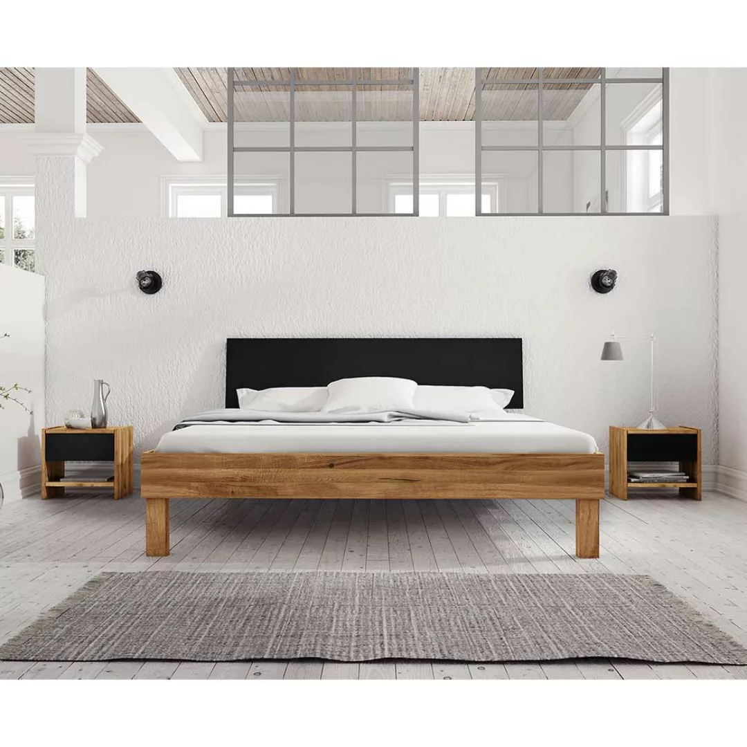 Niedriges Bett aus Wildeiche teilmassiv schwarzem Webstoff Kopfteil (dreite günstig online kaufen