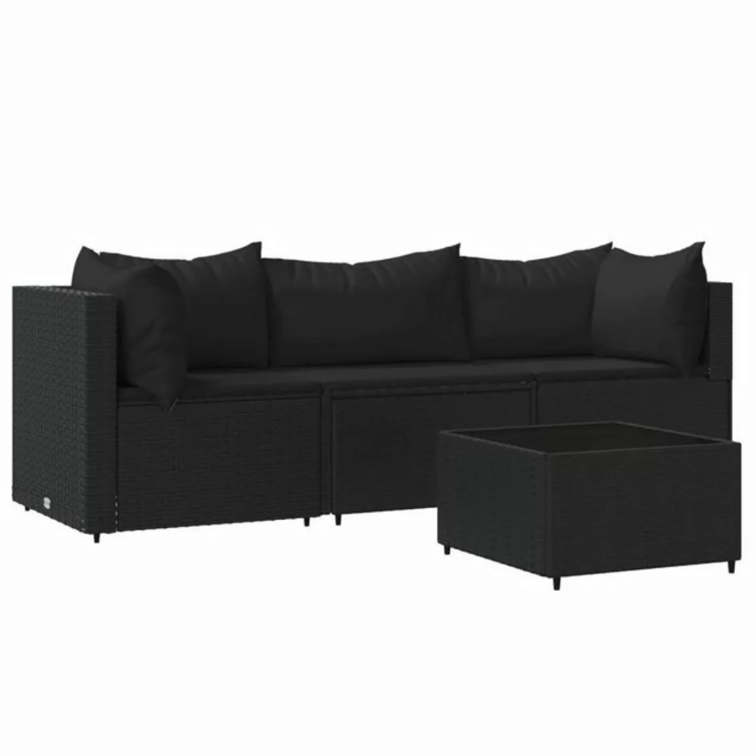 vidaXL Loungesofa 4-tlg. Garten-Lounge-Set mit Kissen Schwarz Poly Rattan, günstig online kaufen