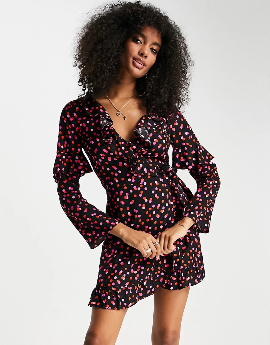 Topshop – Jacquard-Kleid mit buntem Punktemuster und Wickeloptik günstig online kaufen